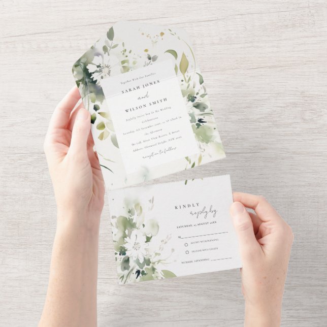 Invitation Tout En Un Elégant Boho Abstrait Vert Blanc Floral Mariage (Déchirure)
