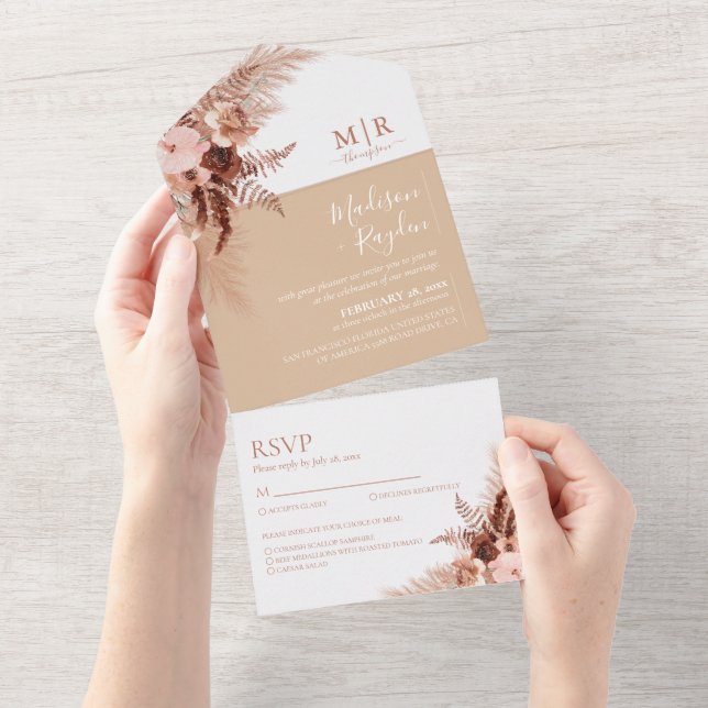 Invitation Tout En Un Elégant Boho Blanc & Beige Mariage Pampas (Déchirure)