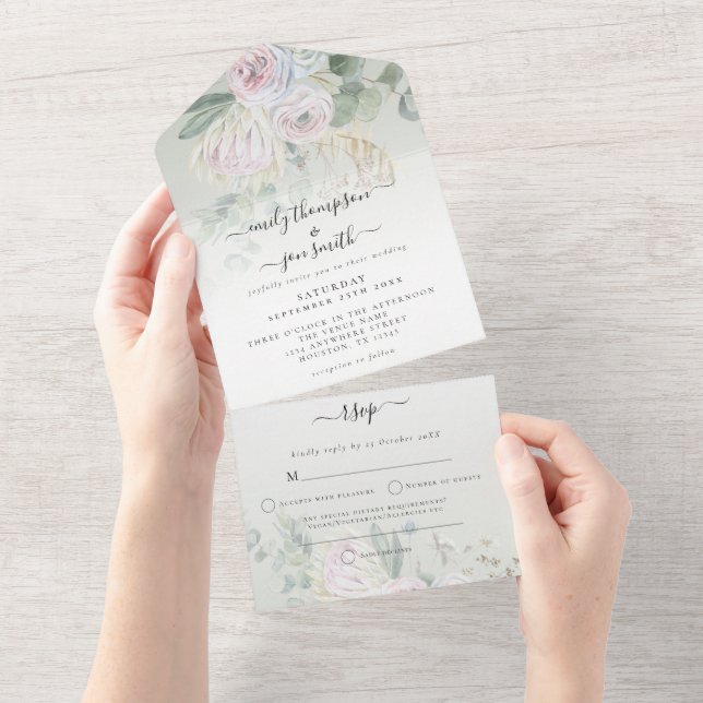 Invitation Tout En Un Elégant Boho Florals Eucalyptus Sage Mariage (Déchirure)
