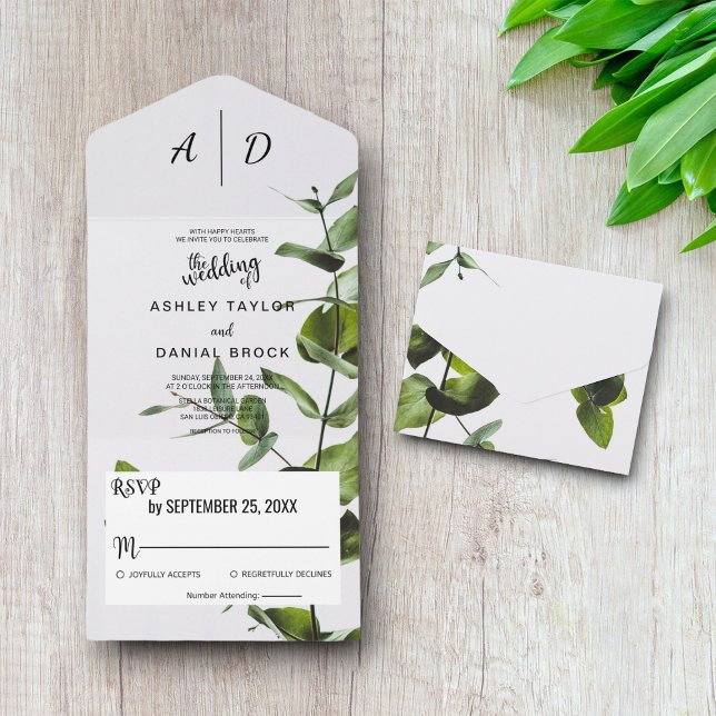 Invitation Tout En Un Élégant Boho Green Feuilles Monogram Floral Mariag (Créateur téléchargé)