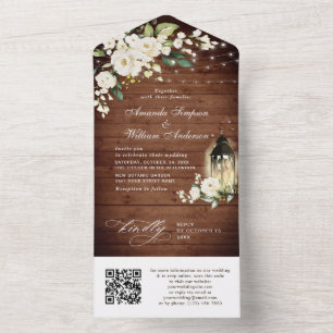 Invitation Tout En Un Elégant bois rustique blanc Roses Mariage QR code