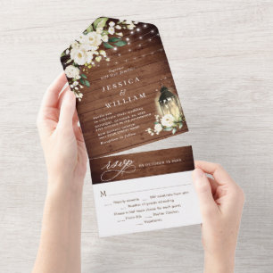 Invitation Tout En Un Élégant bois rustique Mariage Roses blanches