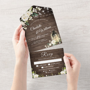 Invitation Tout En Un Élégant bois rustique Mariage Roses blanches