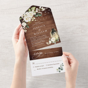 Invitation Tout En Un Élégant bois rustique Mariage Roses blanches