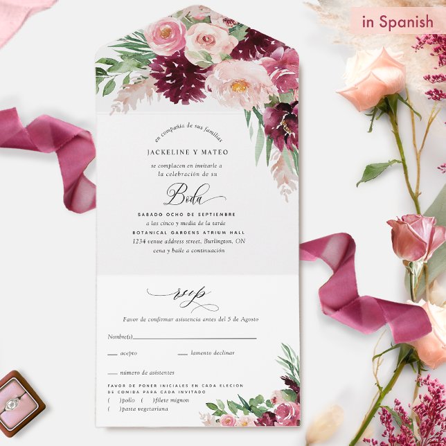 Invitation Tout En Un Elégant Bourgogne rose Blush Floral Mariage espagn (Créateur téléchargé)
