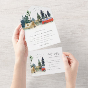 Invitation Tout En Un Élégant Camping Aquarelle Pine Mariage