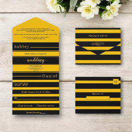 Invitation Tout En Un Elégant Chic Black And Gold Stripes Mariage de lux