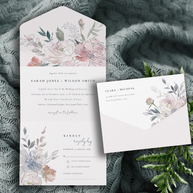 Invitation Tout En Un Elégant Chic Blush Aquarelle Floral Mariage (Créateur téléchargé)