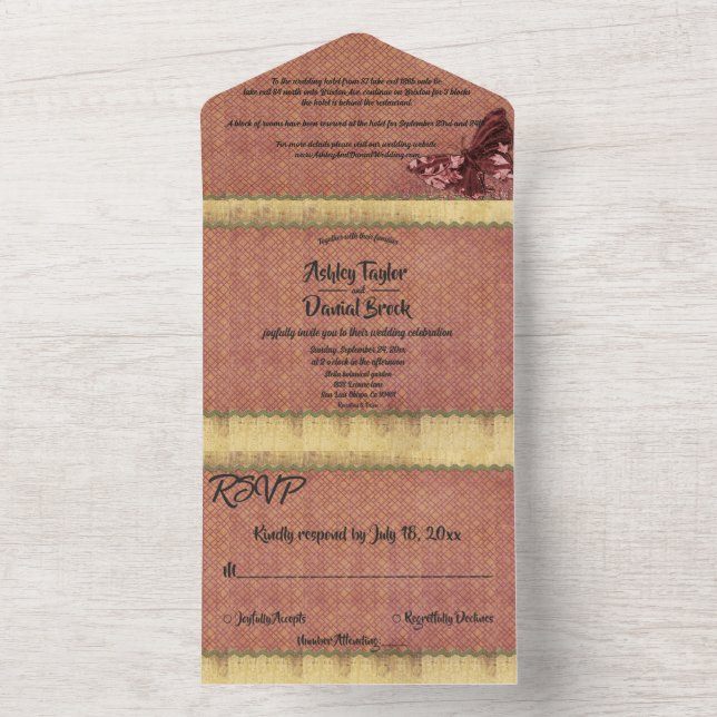 Invitation Tout En Un Élégant Chic Bourgogne Rose Gold Mariage officiel (À l'intérieur)