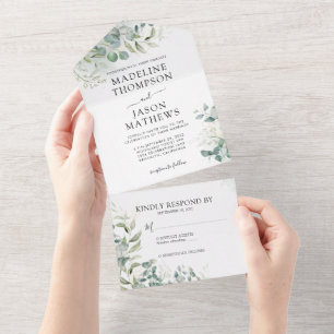 Invitation Tout En Un Elégant Chic Eucalyptus Laver or Mariage de verdur