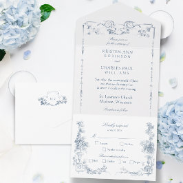 Invitation Tout En Un Élégant classique Dusty Bleu Français Floral