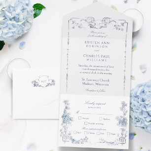 Invitation Tout En Un Élégant classique Dusty Bleu Français Floral