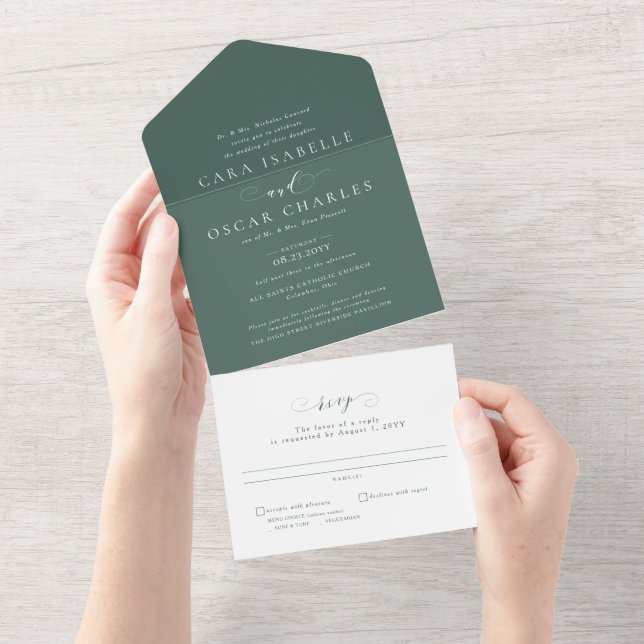 Invitation Tout En Un Élégant classique mariage moderne sauge vert (Déchirure)