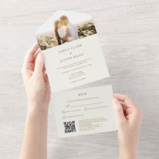 Invitation Tout En Un Élégant classique Monogramme or photo Mariage QRCo