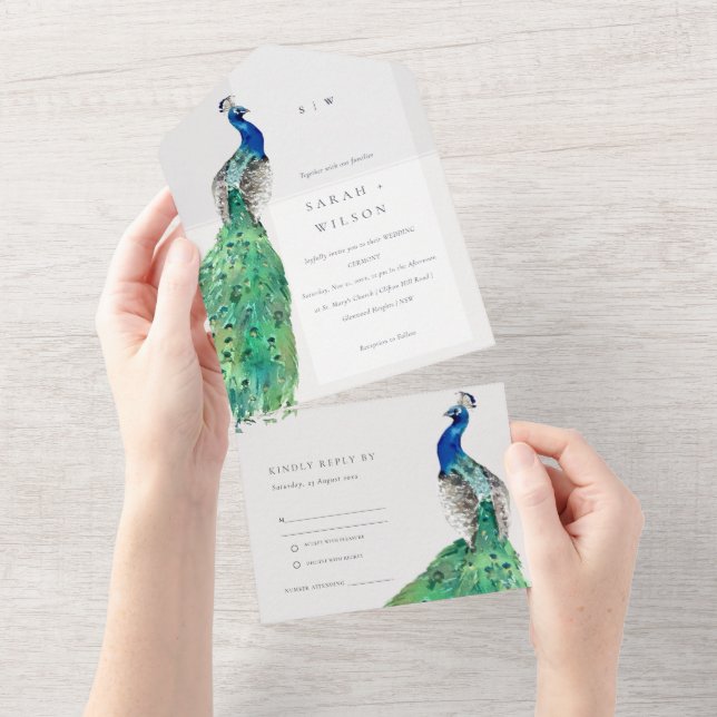 Invitation Tout En Un Elégant Classy Ornate Aquarelle Peacock Mariage (Déchirure)