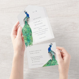 Invitation Tout En Un Elégant Classy Ornate Aquarelle Peacock Mariage