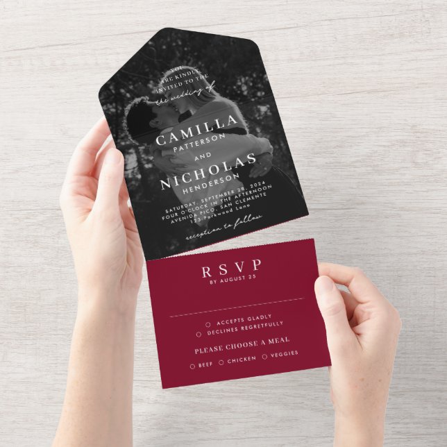 Invitation Tout En Un Elegant Classy Photo Bourgogne Mariage RSVP (Déchirure)