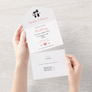 Invitation Tout En Un Elégant corail blanc Lucky Chat noir Couple Mariag
