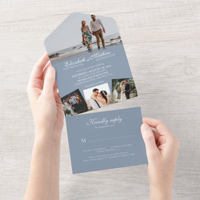 Invitation Tout En Un Élégant Dusty Blue Calligraphy Mariage photo (Déchirure)