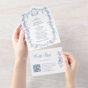 Invitation Tout En Un Elégant Dusty Blue French Garden Code QR Mariage
