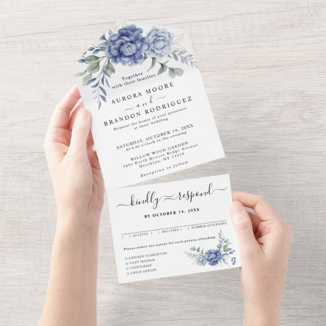 Invitation Tout En Un Élégant Dusty Blue Greenery Fournitures Mariages (Déchirure)