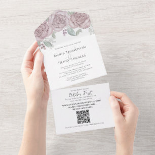 Invitation Tout En Un Élégant Dusty Rose Floral QR Code Budget Mariage