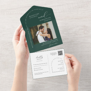 Invitation Tout En Un Élégant Emerald Green Minimal Arch QR Code photo