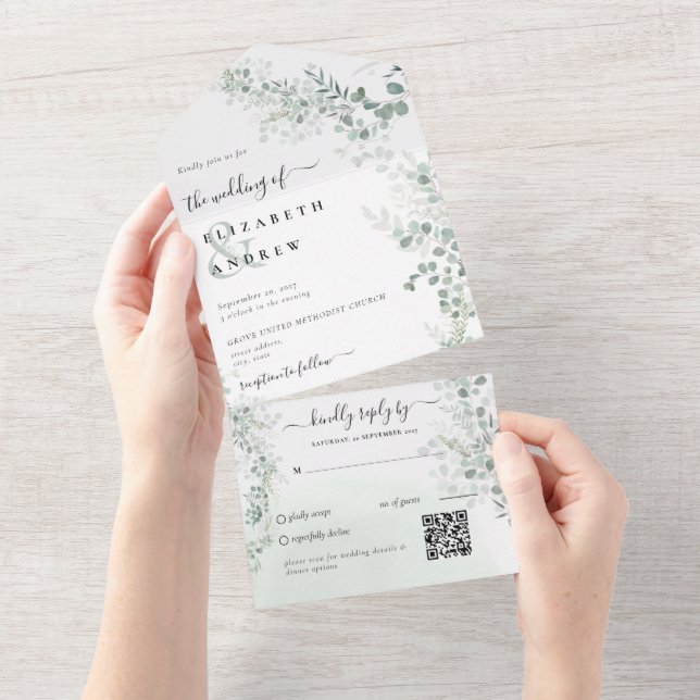 Invitation Tout En Un Elégant Eucalyptus Botanique Sage QR Code Mariage (Déchirure)