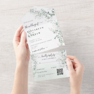 Invitation Tout En Un Elégant Eucalyptus Botanique Sage QR Code Mariage
