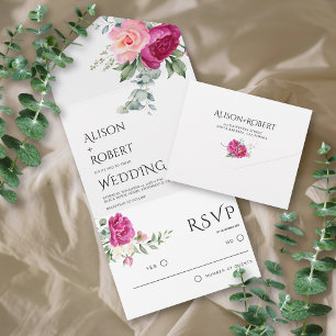 Invitation Tout En Un Elégant eucalyptus, fleurs roses mariage