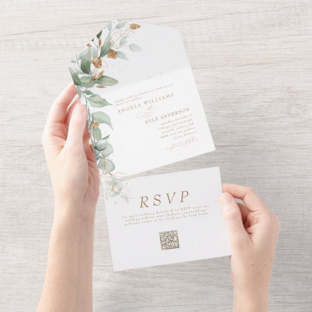 Invitation Tout En Un Élégant Eucalyptus Glam QR Code Mariage (Déchirure)