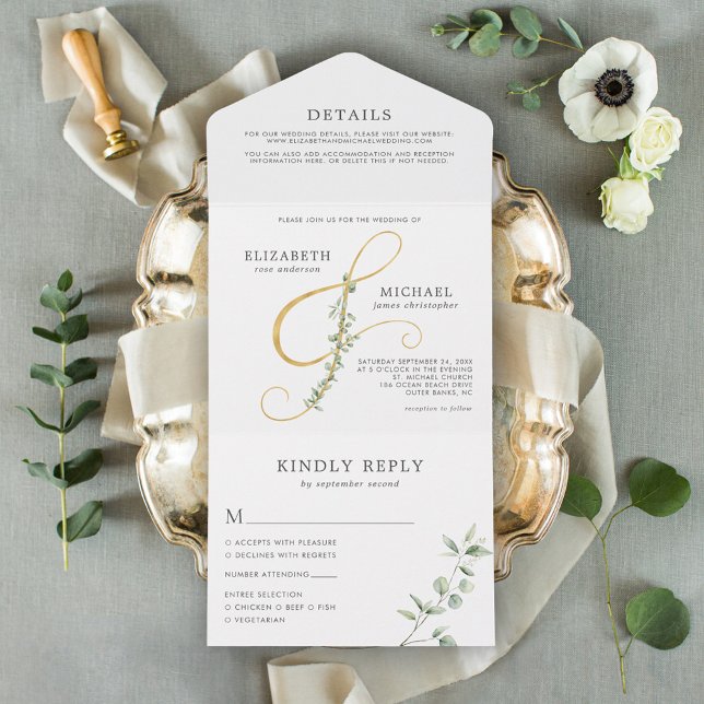 Invitation Tout En Un Elégant Eucalyptus Gold Ampersand Mariage (Créateur téléchargé)