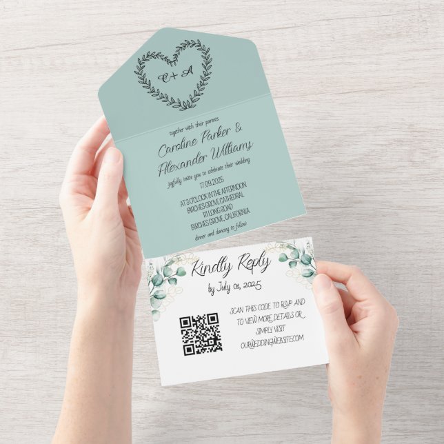 Invitation Tout En Un Elégant Eucalyptus Script Moderne RSVP QR Code Tou (Déchirure)