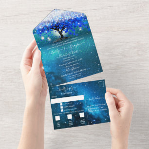 Invitation Tout En Un Élégant Fairy Lights Blue Heart Leaf Tree Mariage