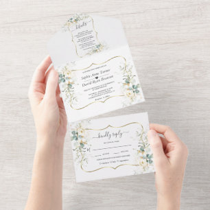 Invitation Tout En Un Élégant Fleurs Blanches Eucalyptus Or Mariage  