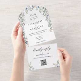 Invitation Tout En Un Élégant Floral Greenery QR Code Mariage