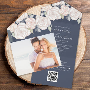 Invitation Tout En Un Élégant Floral Rose Bleu Photo Détails du Code Q