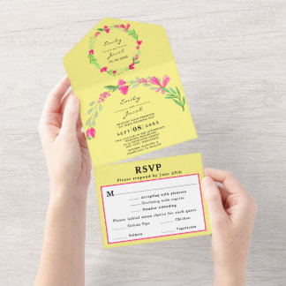 Invitation Tout En Un Élégant floral rose verdure jaune clair RSVP de ma