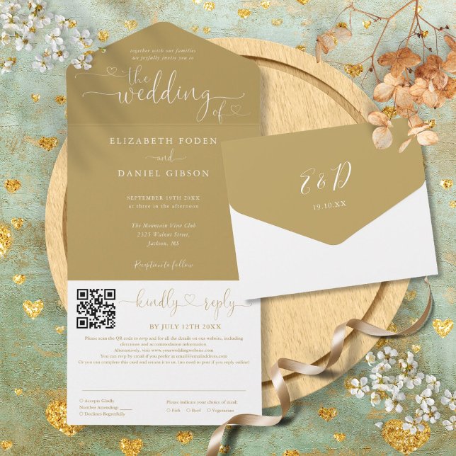 Invitation Tout En Un Élégant Gold Hearts Script QR Code Mariage (Elegant Gold Hearts Script QR Code Wedding All In One Invitation)