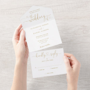 Invitation Tout En Un Elégant Gold Script Hearts minimaliste Mariage