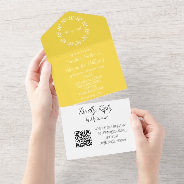 Invitation Tout En Un Élégant Jaune Script moderne RSVP QR Code (Déchirure)