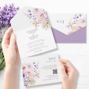 Invitation Tout En Un Élégant Lavande Floral Fleurs sauvages QR RSVP