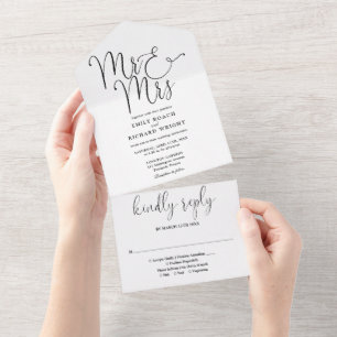 Invitation Tout En Un Élégant M. Et Mme Script Mariage noir et blanc