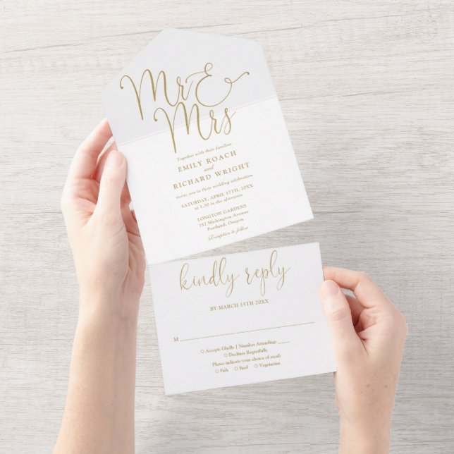 Invitation Tout En Un Élégant M. Et Mme Script Mariage Or (Déchirure)