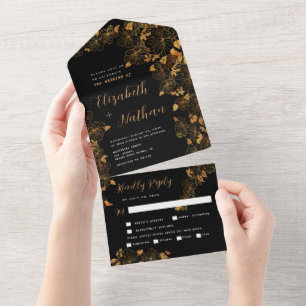 Invitation Tout En Un Élégant magnifique feuillage floral noir & or