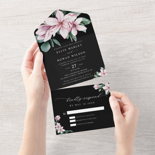 Invitation Tout En Un Élégant Magnolia Florals Mariage de script moderne (Déchirure)