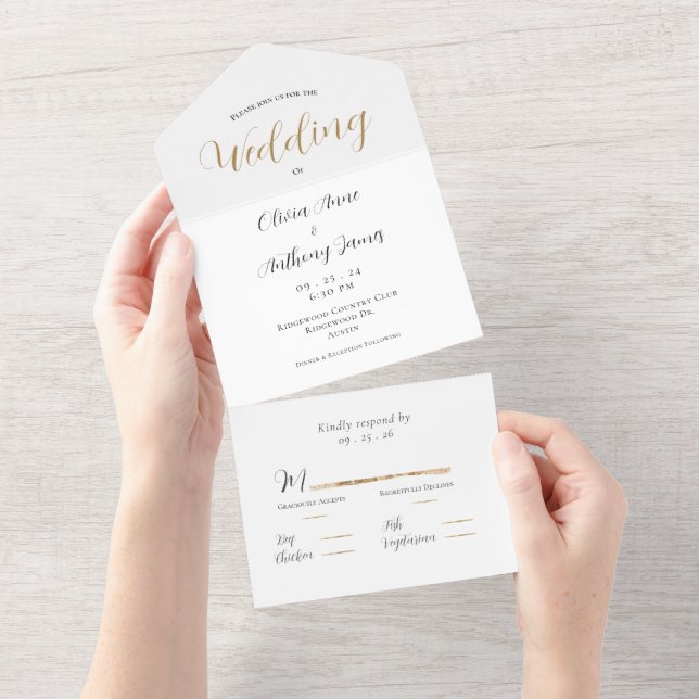 Invitation Tout En Un Élégant Mariage blanc et or (Déchirure)