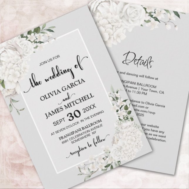 Invitation Tout en un élégant Mariage blanc floral gris (Créateur téléchargé)