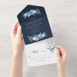 Invitation Tout En Un élégant mariage bleu marine à fleurs