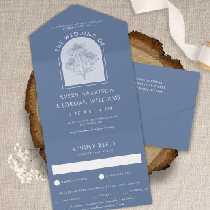 Invitation Tout En Un Élégant Mariage botanique Dusty Blue Coneflower